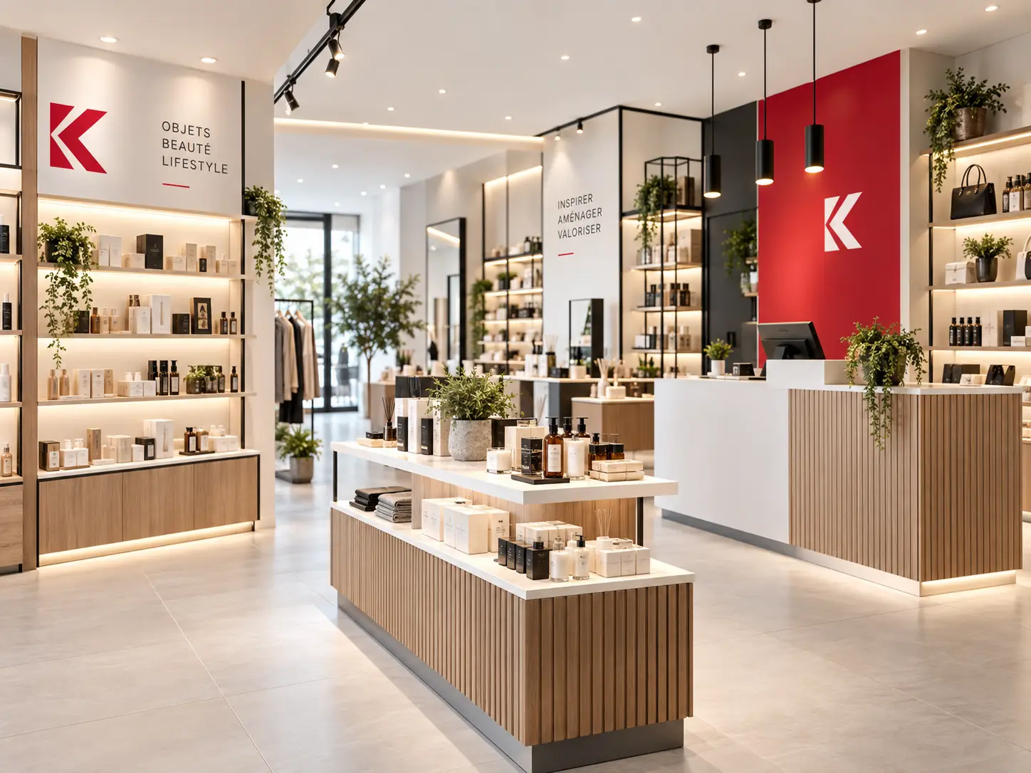 Boutique lumineuse avec mobilier bois clair, étagères rétroéclairées et comptoir de caisse