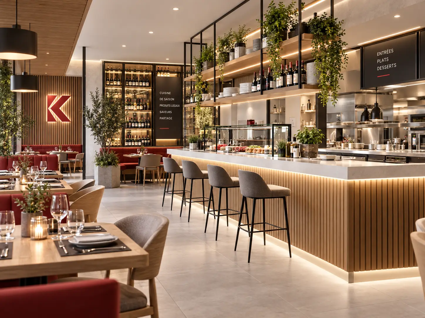 Restaurant avec comptoir bois et cuisine ouverte